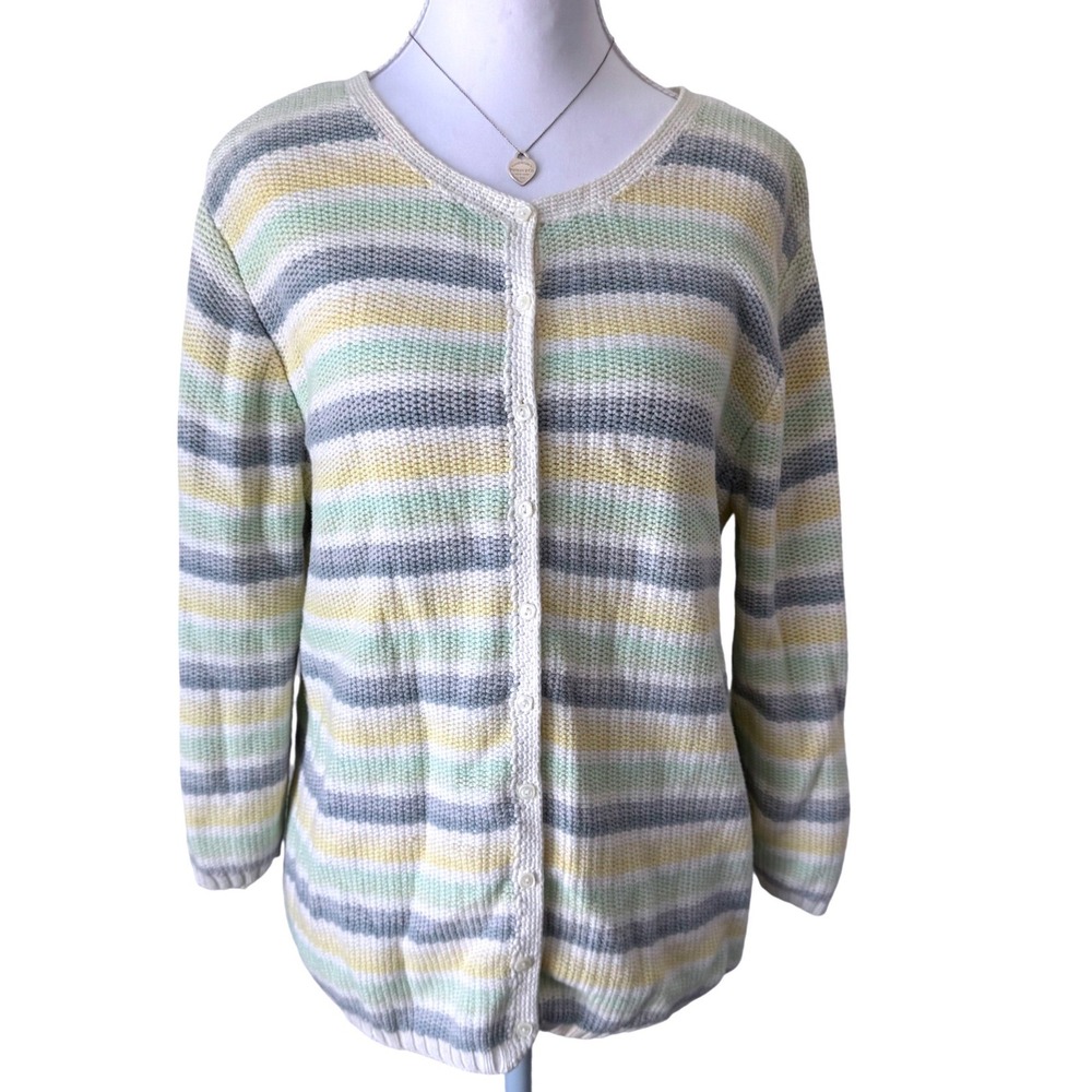 Vintage Liz Claiborne Lizwear Striped 100% Cotton Cardigan Knit Preppy 90s Sz L